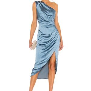 One-Shoulder Satin Midi Dress in Blue